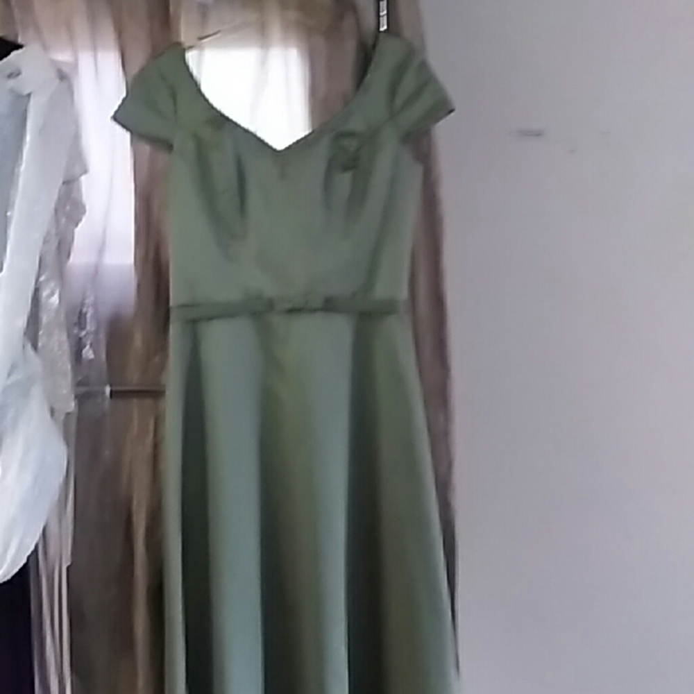 Sage green gown,  satin,  with wrap.  15/16.